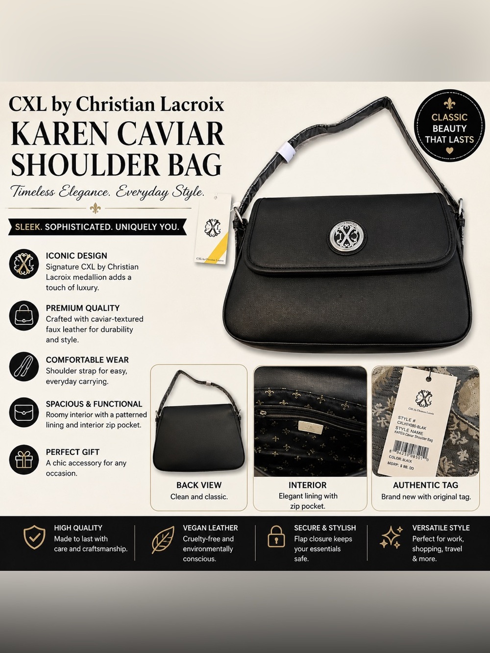 NWT CXL by Christian Lacroix Karen Caviar Shoulder Bag Black MSRP $98